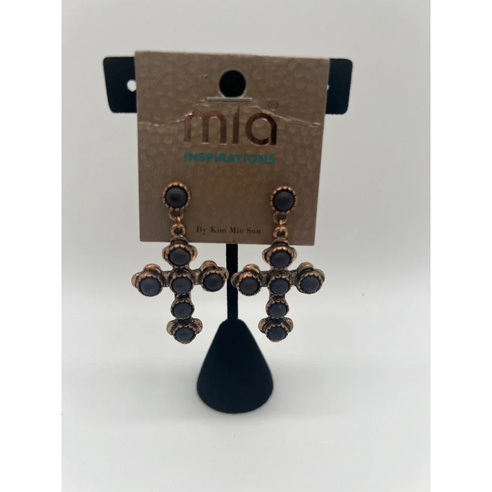 Mia Inspirations By Kim Min Sun Cross Drop Earrings Copper Black Matte Gothic